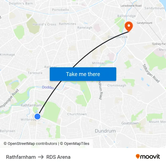 Rathfarnham to RDS Arena map
