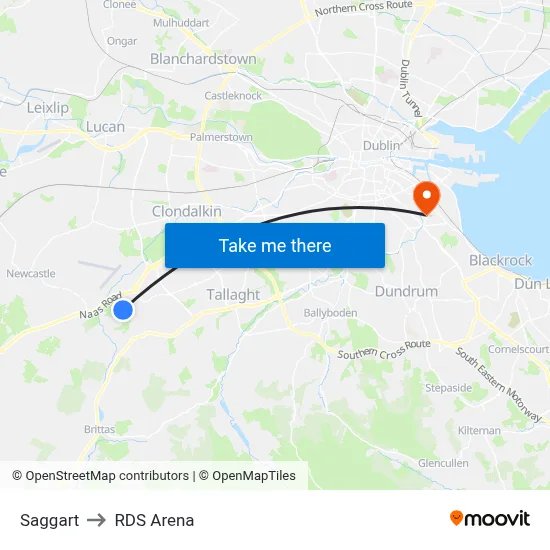 Saggart to RDS Arena map