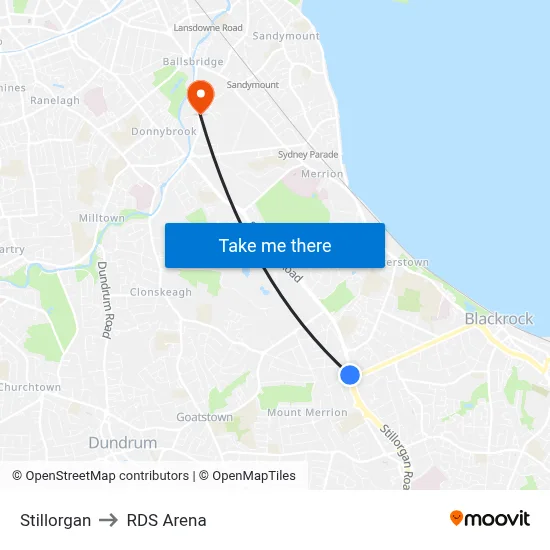 Stillorgan to RDS Arena map