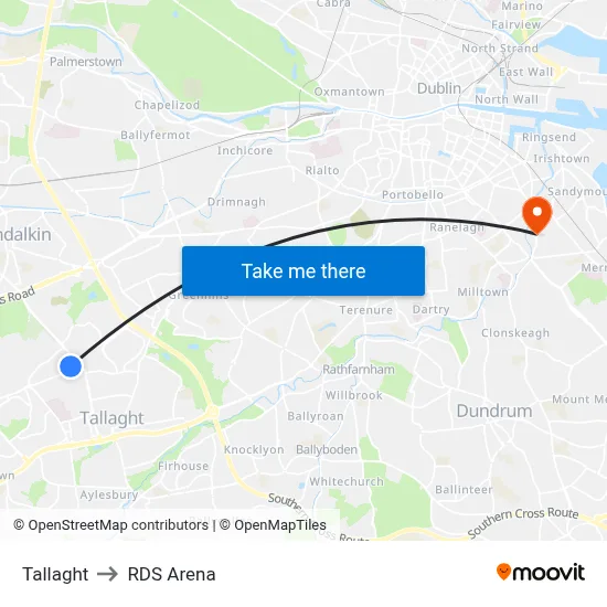 Tallaght to RDS Arena map