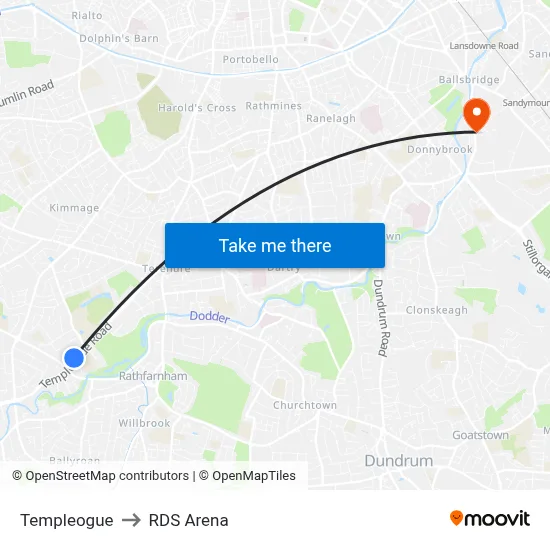 Templeogue to RDS Arena map