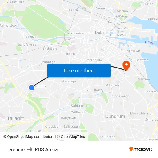 Terenure to RDS Arena map