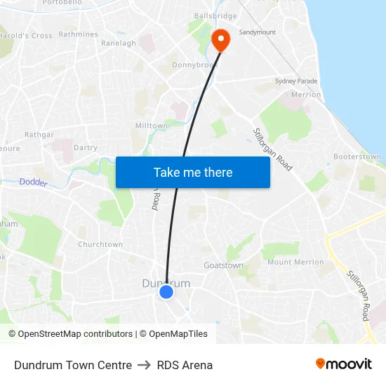 Dundrum Town Centre to RDS Arena map
