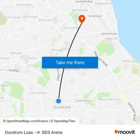Dundrum Luas to RDS Arena map