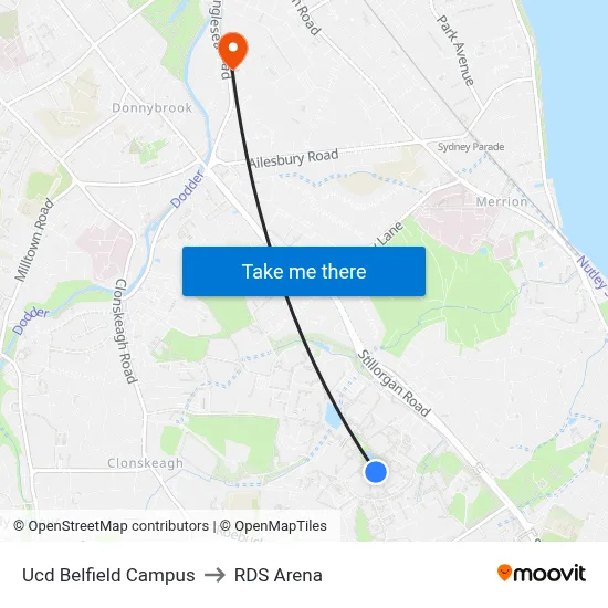 Ucd Belfield Campus to RDS Arena map