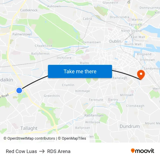 Red Cow Luas to RDS Arena map