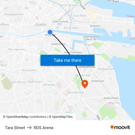 Tara Street to RDS Arena map