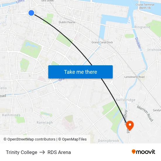 Trinity College to RDS Arena map