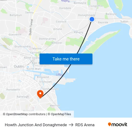 Howth Junction And Donaghmede to RDS Arena map