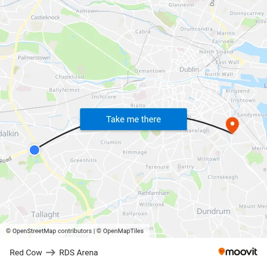 Red Cow to RDS Arena map