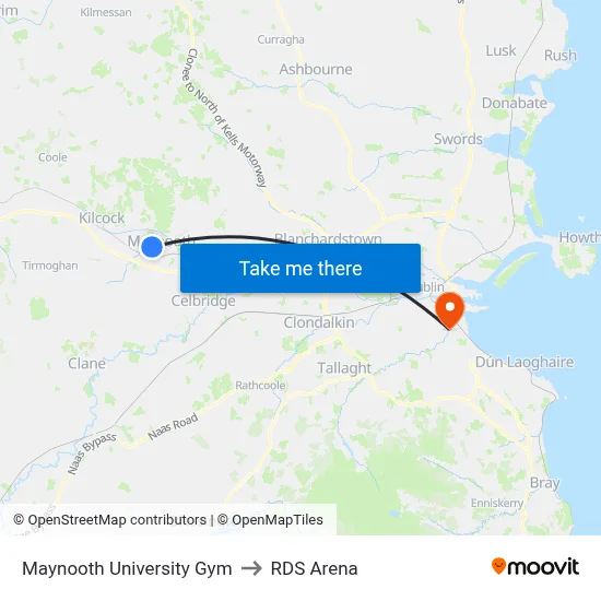 Maynooth University Gym to RDS Arena map