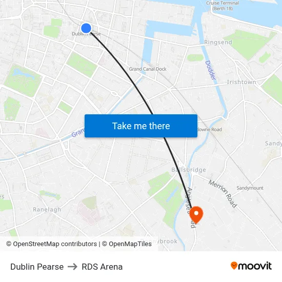 Dublin Pearse to RDS Arena map