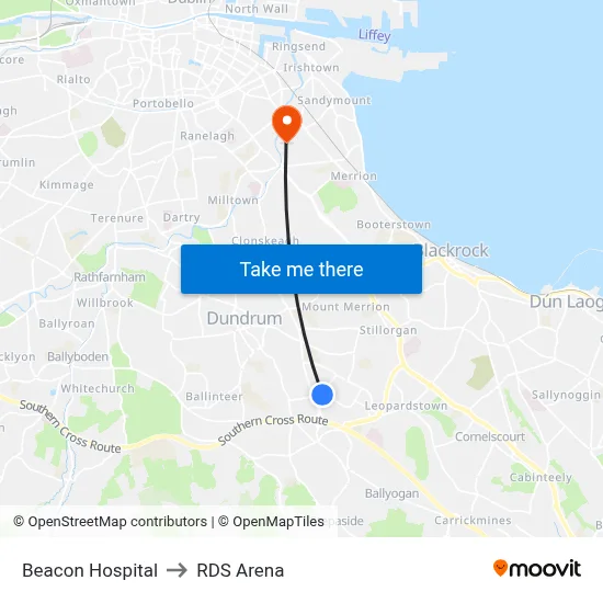 Beacon Hospital to RDS Arena map