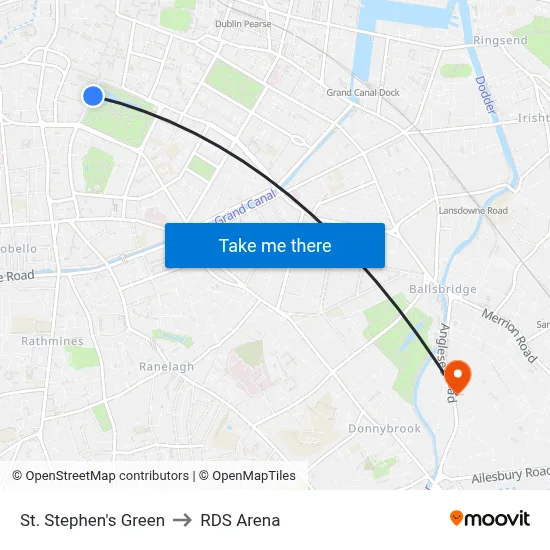 St. Stephen's Green to RDS Arena map