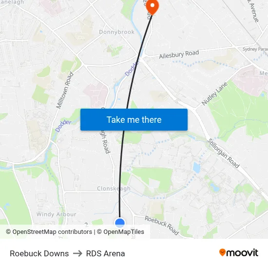 Roebuck Downs to RDS Arena map