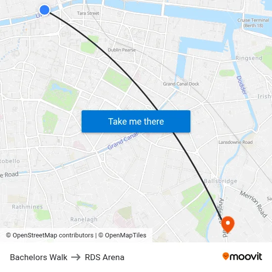 Bachelors Walk to RDS Arena map