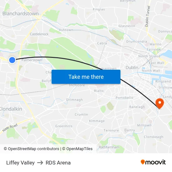 Liffey Valley to RDS Arena map