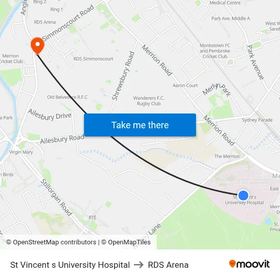St Vincent s University Hospital to RDS Arena map
