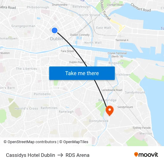 Cassidys Hotel Dublin to RDS Arena map