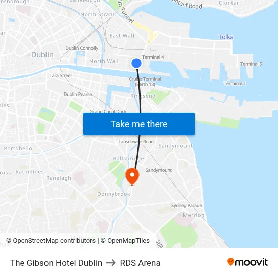 The Gibson Hotel Dublin to RDS Arena map