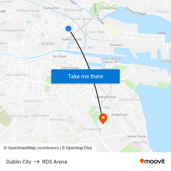 Dublin City to RDS Arena map