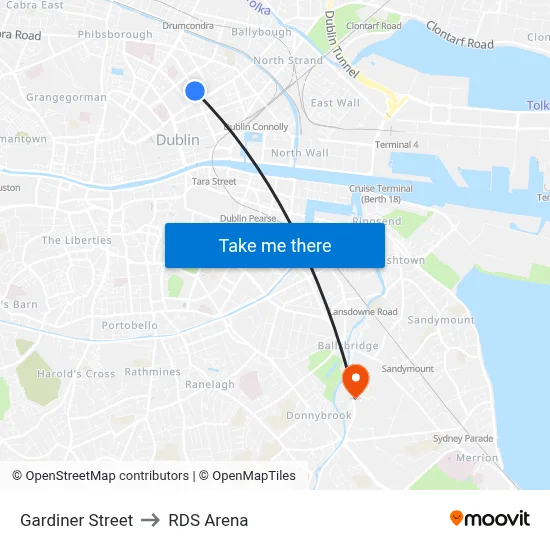 Gardiner Street to RDS Arena map