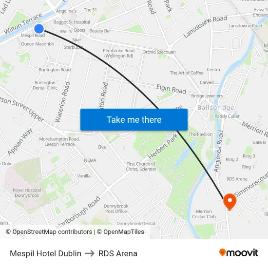 Mespil Hotel Dublin to RDS Arena map
