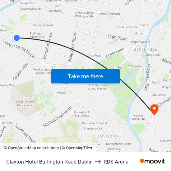 Clayton Hotel Burlington Road Dublin to RDS Arena map