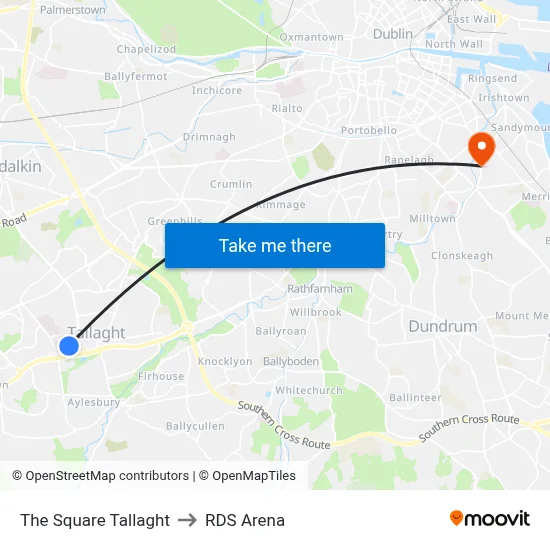 The Square Tallaght to RDS Arena map