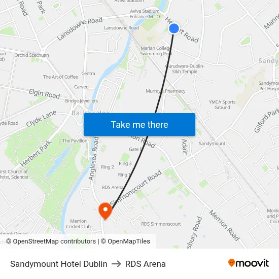 Sandymount Hotel Dublin to RDS Arena map