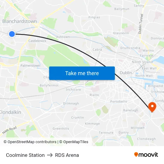 Coolmine Station to RDS Arena map