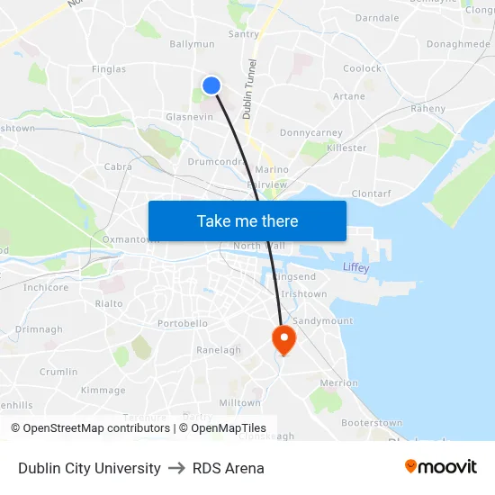 Dublin City University to RDS Arena map