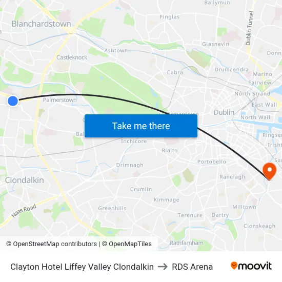 Clayton Hotel Liffey Valley Clondalkin to RDS Arena map