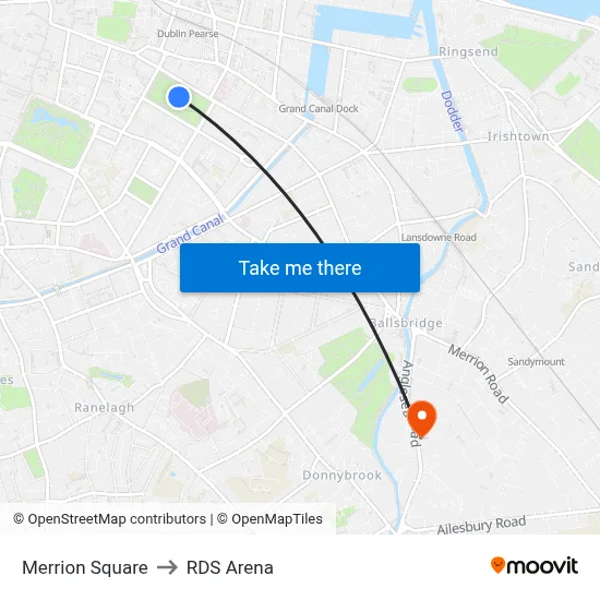 Merrion Square to RDS Arena map