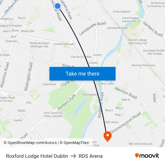 Roxford Lodge Hotel Dublin to RDS Arena map