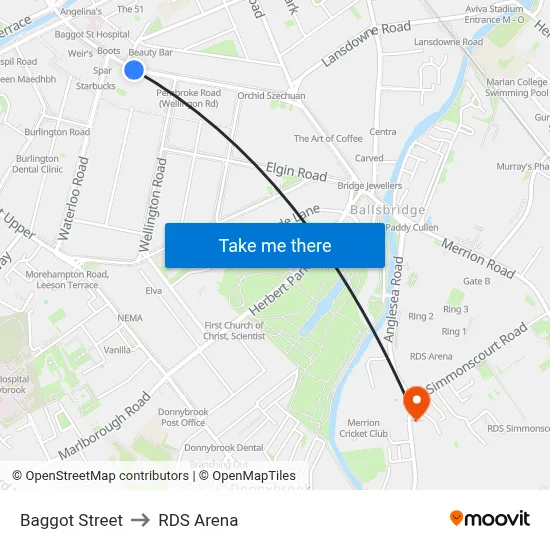 Baggot Street to RDS Arena map