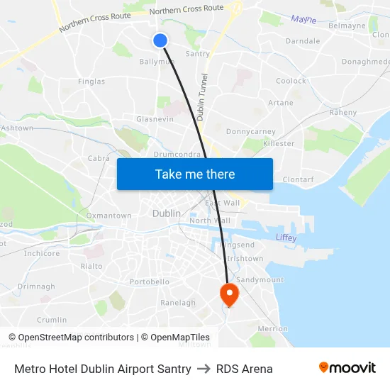 Metro Hotel Dublin Airport Santry to RDS Arena map