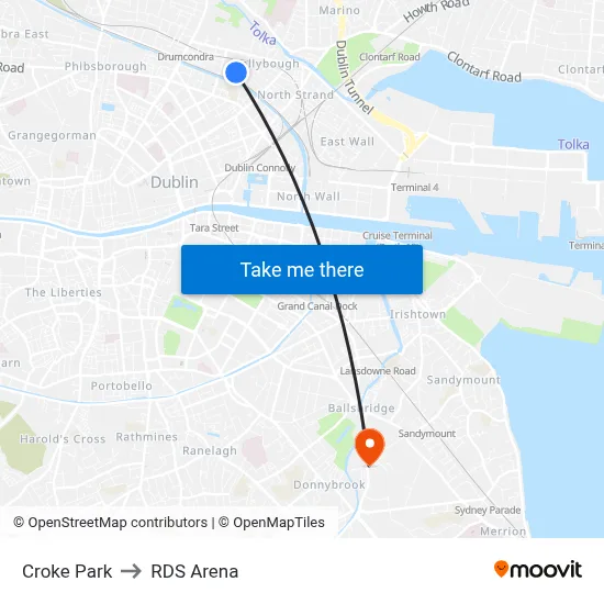 Croke Park to RDS Arena map