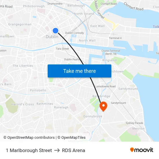 1 Marlborough Street to RDS Arena map