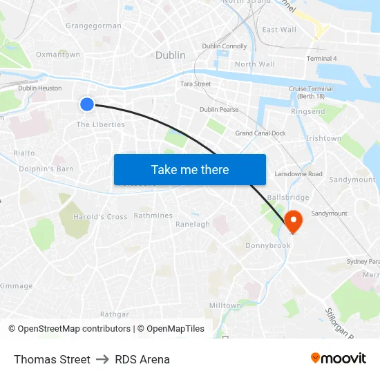 Thomas Street to RDS Arena map