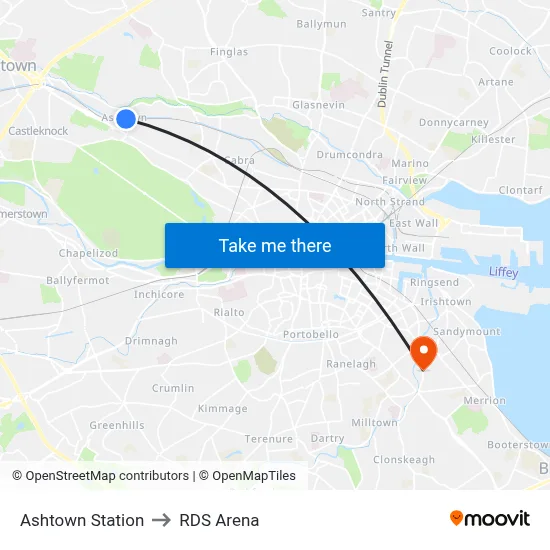 Ashtown Station to RDS Arena map