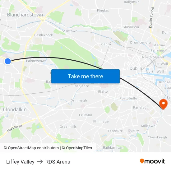 Liffey Valley to RDS Arena map