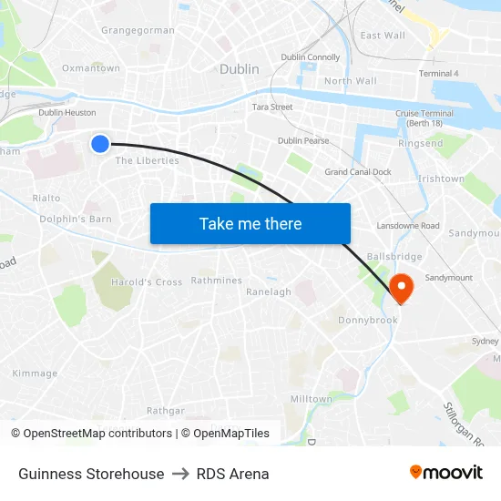 Guinness Storehouse to RDS Arena map