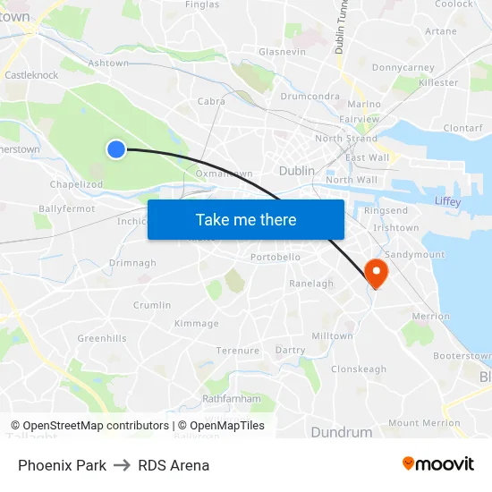 Phoenix Park to RDS Arena map