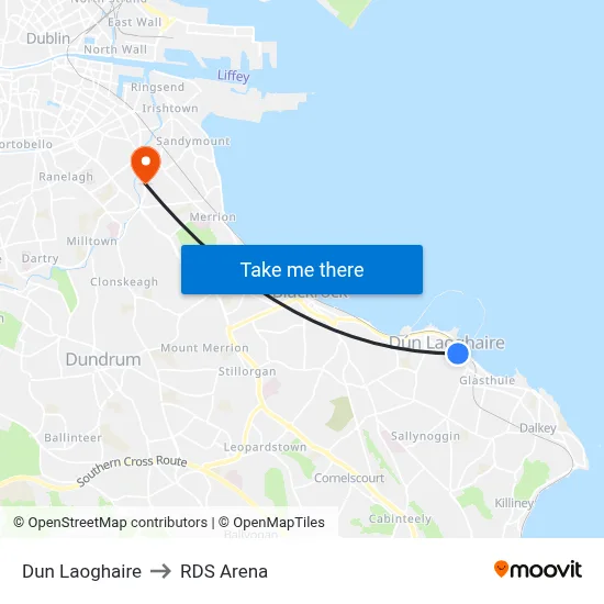 Dun Laoghaire to RDS Arena map