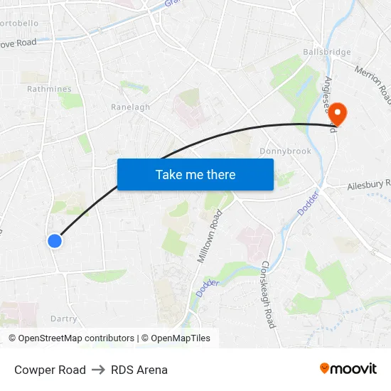 Cowper Road to RDS Arena map