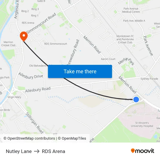 Nutley Lane to RDS Arena map