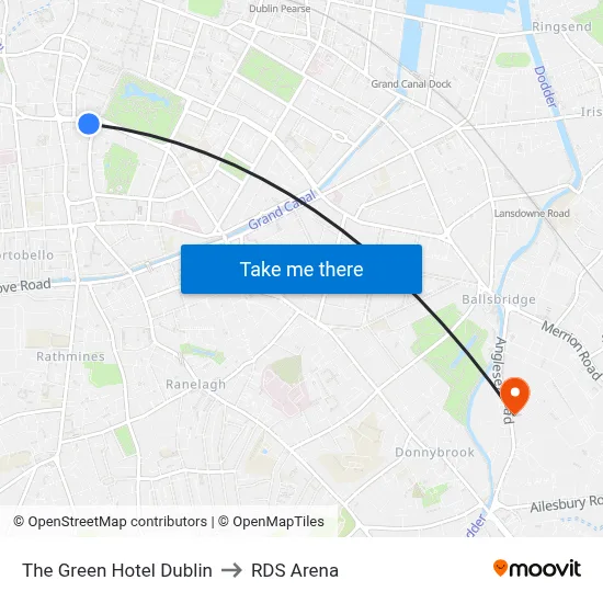 The Green Hotel Dublin to RDS Arena map