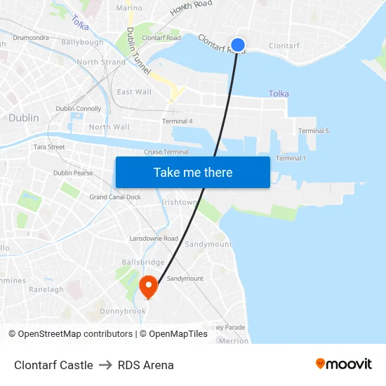 Clontarf Castle to RDS Arena map