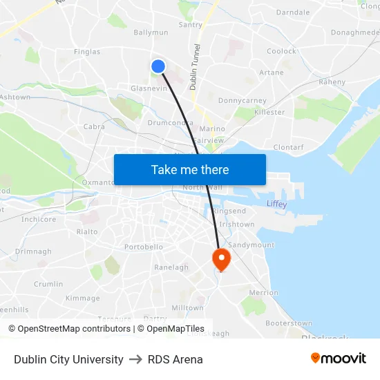 Dublin City University to RDS Arena map